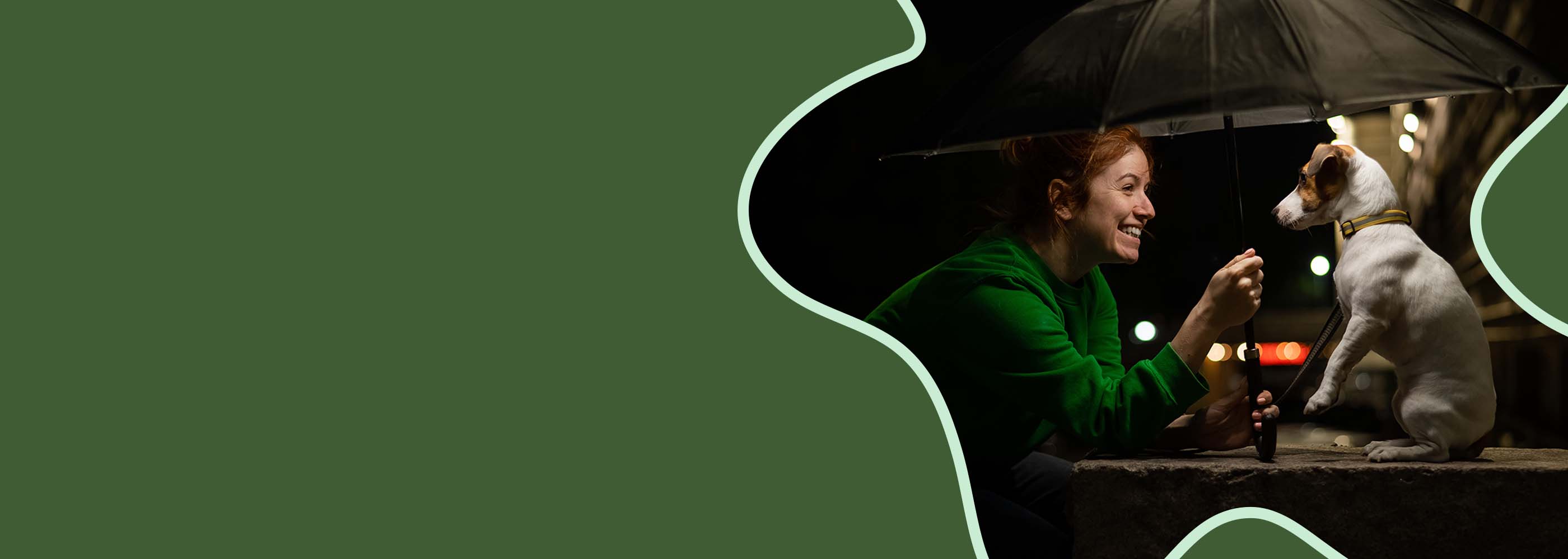 Woman holding umbrella with her dog during night time dog walking, highlighting visibility and safety for evening strolls.